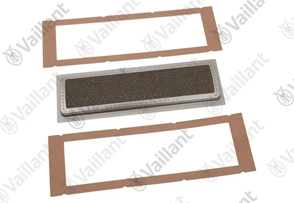 Vaillant Brennerkörper mit zwei rechteckigen Dichtungen, einem Gitter in der Mitte und einem Metallrahmen, auf neutralem Hintergrund.